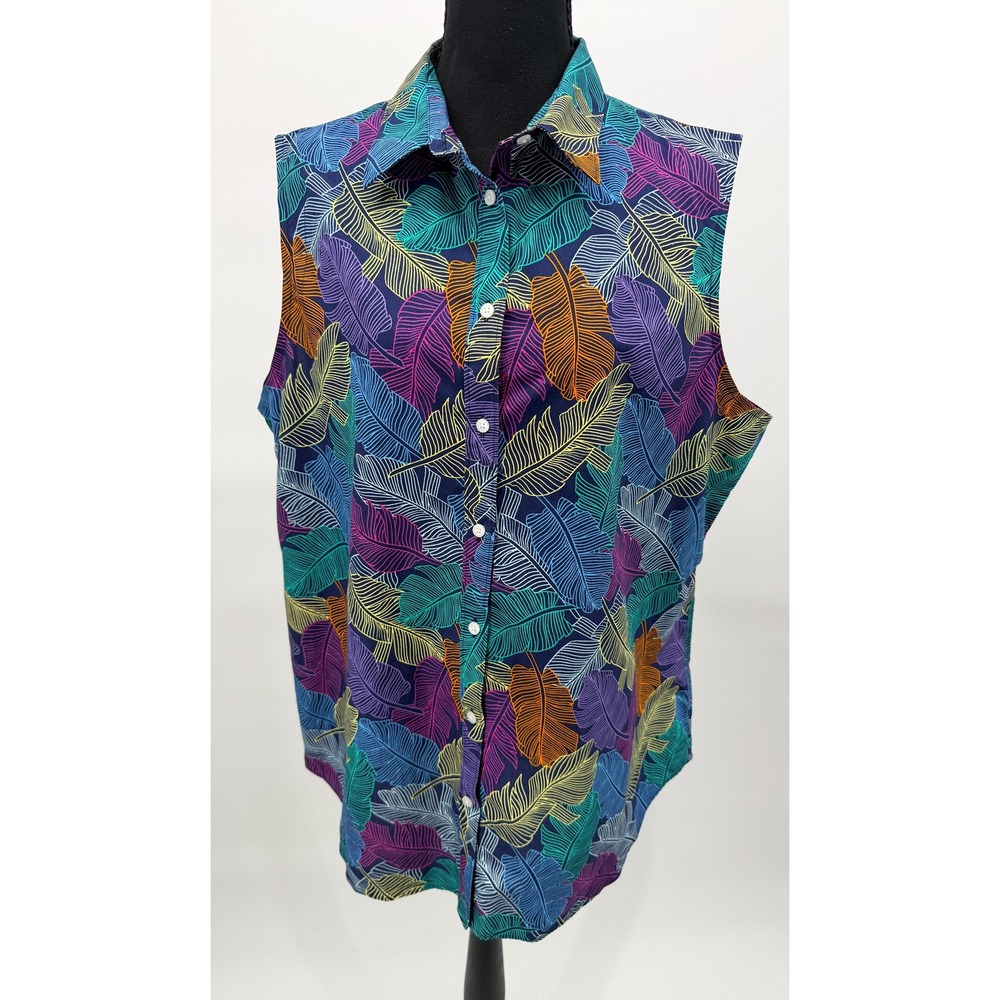 Lands End Sleeveless Shirt Women 18T Navy Multi Excellent Tropical No Iron Top